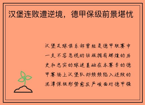 汉堡连败遭逆境，德甲保级前景堪忧