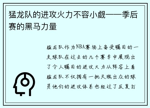 猛龙队的进攻火力不容小觑——季后赛的黑马力量